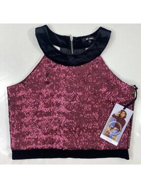 Ob.sess Womens Crop Top Pink Sequin Velvet Trim Back Zipper Size 12 Large